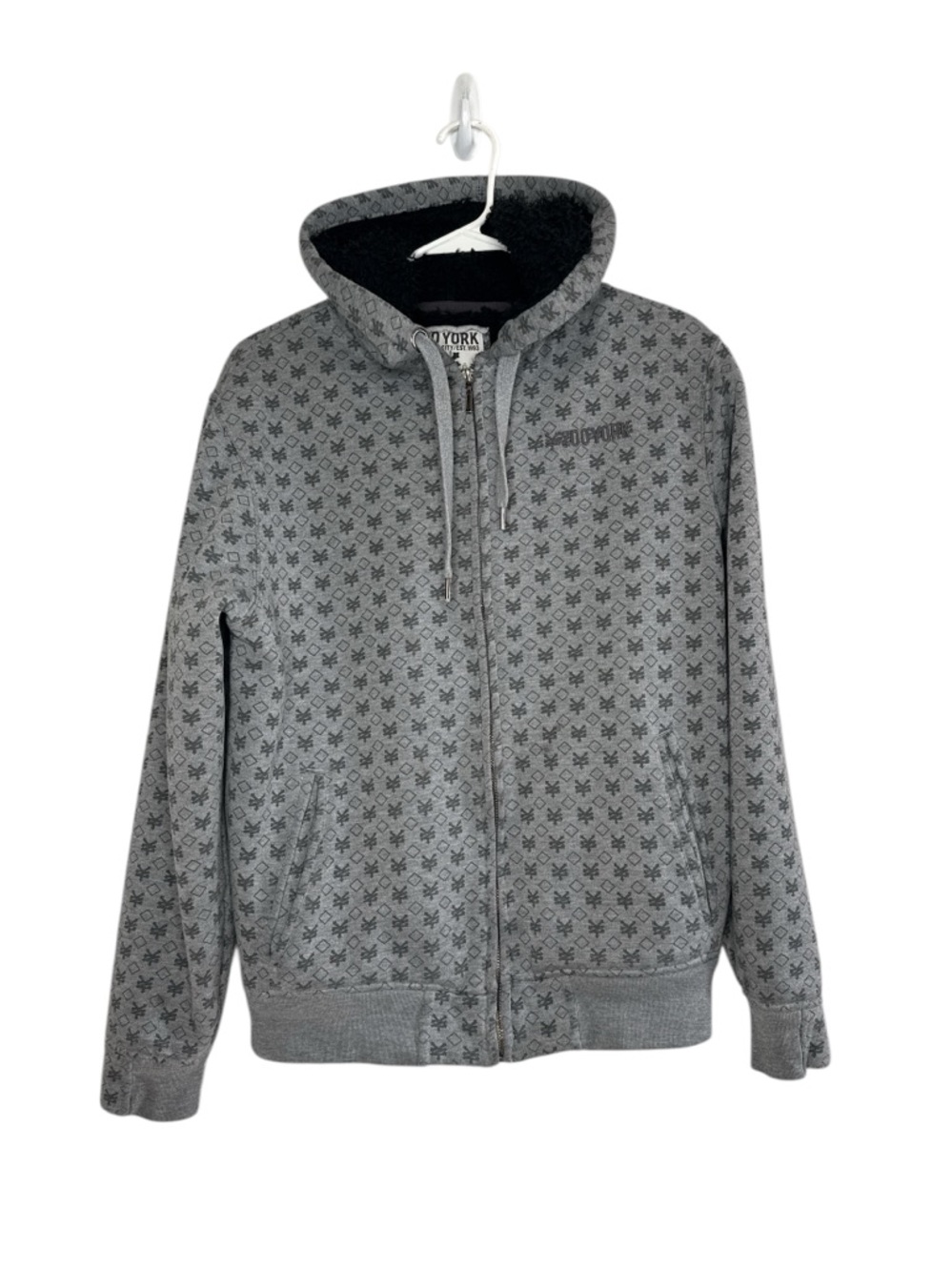Vintage Y2K Zoo York Men's Gray Print Lined Full Zip Hoodie Medium